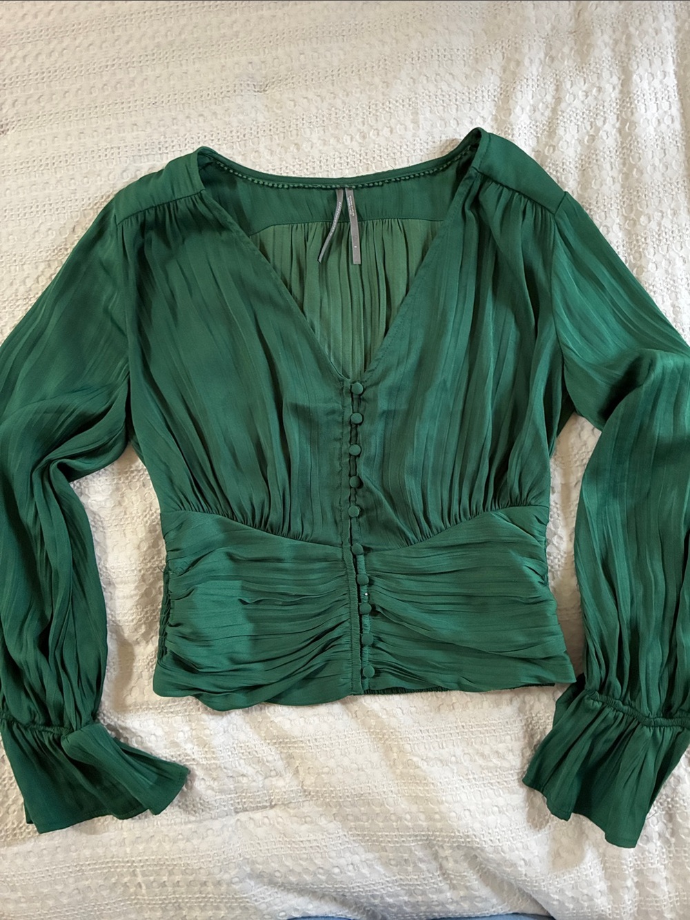 Anthropologie Emerald Green Pleated V-Neck Button Front Blouse